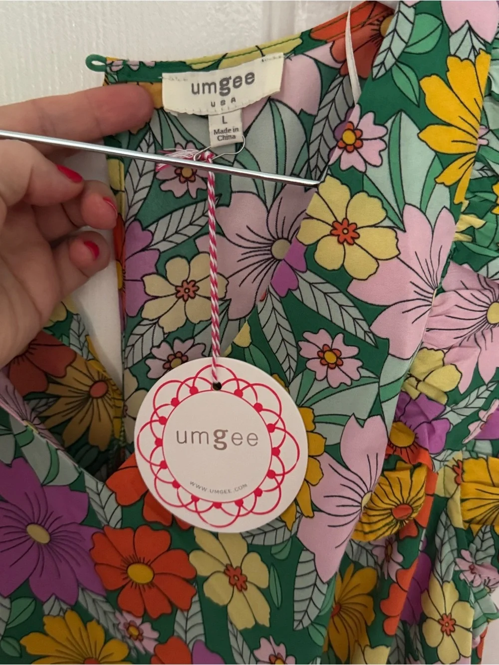 Umgee Green Floral Ruffle Romper with Pink Yellow Orange Blossoms - Picture 2 of 4